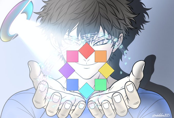 An anime-style illustration of a character with dark hair holding out their hands toward the viewer, with a ring of colorful diamond shapes (pink, red, orange, purple, yellow, blue, teal, green) floating between their palms. Artist credit: @rokhdilan.2023