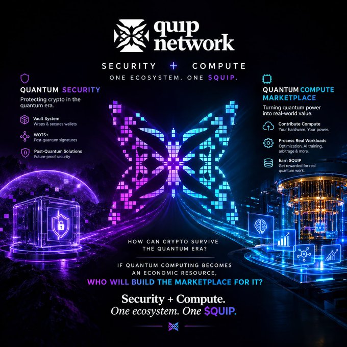 An advertisement for 'quip network' promotes 'QUANTUM SECURITY' and 'QUANTUM COMPUTE MARKETPLACE' services, featuring a glowing purple and blue butterfly design with text asking how crypto can survive the quantum era.