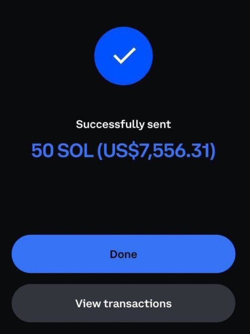 A cryptocurrency transaction confirmation screen showing "Successfully sent 50 SOL (US$7,556.31)" with Done and View transactions buttons, allegedly displayed as proof of a 50 SOL giveaway that requires users to like, repost, follow, and submit their wallet addresses.