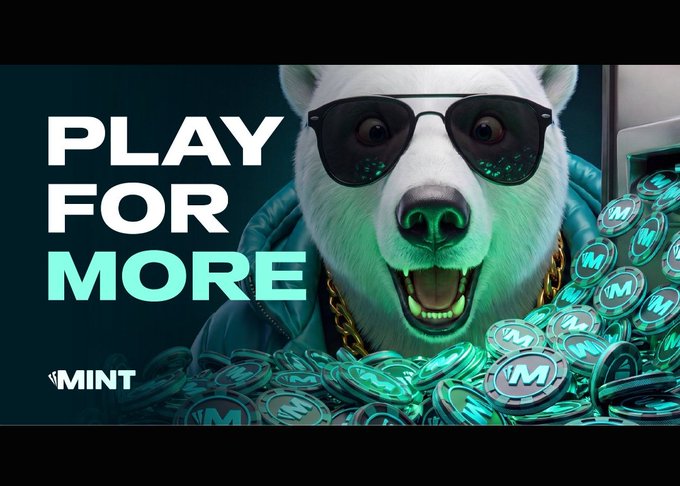 A promotional graphic shows a white dog wearing sunglasses with a pile of green tokens marked with an "M", accompanied by the text "PLAY FOR MORE" and the "MINT" logo.