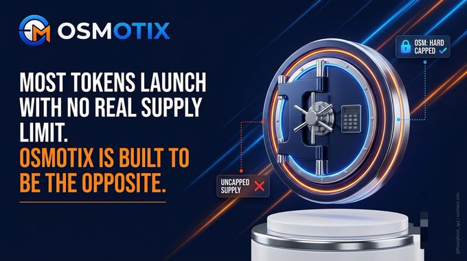 An advertisement for 'OSMOTIX' with the text 'MOST TOKENS LAUNCH WITH NO REAL SUPPLY LIMIT. OSMOTIX IS BUILT TO BE THE OPPOSITE,' alongside graphics showing an 'UNCAPPED SUPPLY X' versus 'OSM: HARD CAPPED.'