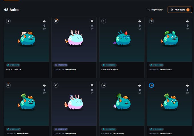 An NFT-style marketplace page titled “48 Axies” displays eight cartoon Axie creatures, with labels such as “Axie #12265116,” “Locked in Terrariums,” “Highest ID,” and “All Filters.”