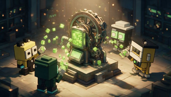 A pixel-art style image shows a large golden gear mechanism emitting glowing green cubes, surrounded by blocky characters collecting the cubes in what appears to be a workshop or factory setting. The image visually represents the "protocol flywheel" concept from the post, symbolizing the self-sustaining mechanism of growth and value distribution for token holders through the green tokens being generated and collected.