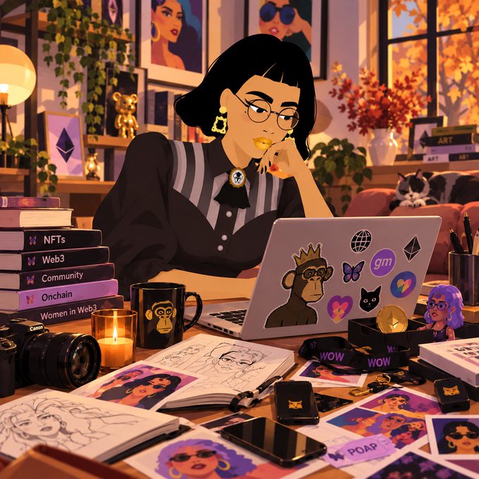 An illustrated scene of a woman with short black hair, yellow earrings, and glasses sitting at a desk covered in Web3-themed items, including books labeled 'NFTs', 'Web3', 'Community', 'Onchain', and 'Women in Web3', a Bored Ape mug and laptop sticker, and scattered character art prints.
