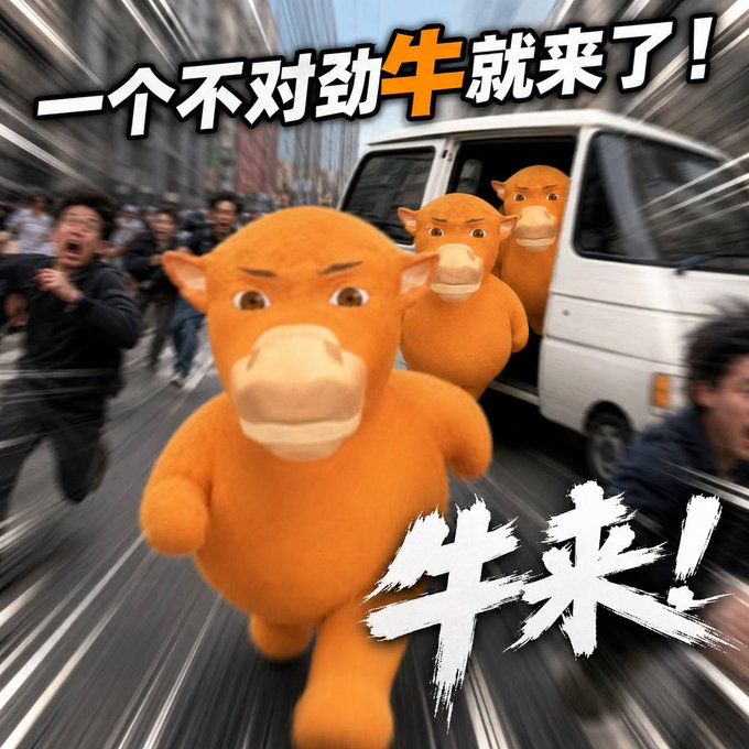 A meme-style image showing multiple orange cows charging out of a white van with angry expressions, causing people to run away in panic, featuring Chinese text '一个不对劲牛就来了!' at the top and '牛来!' at the bottom right.