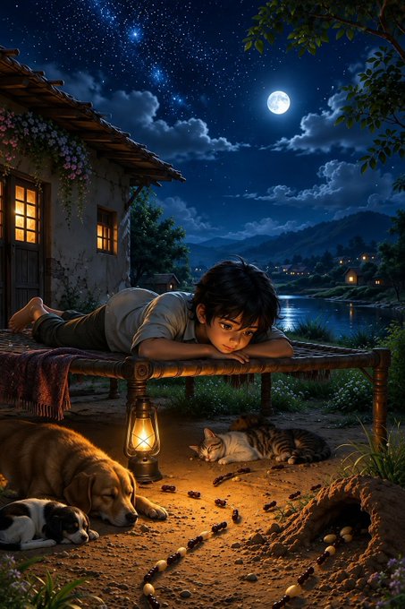 A young boy rests on a wooden bed under a starry night sky, accompanied by a sleeping dog, cat, and a glowing lantern casting warm light over the scene, capturing a peaceful "good night" family moment.

The post is related, as the boy is likely saying good night to his furry family members in this tranquil, bedtime setting.