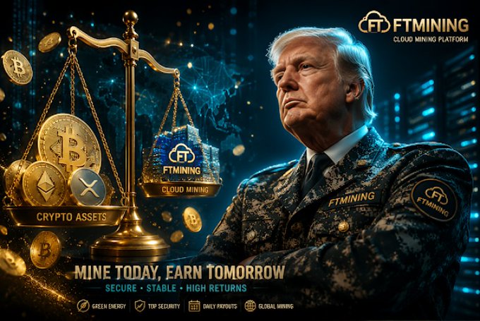This image promotes FT Mining's cloud mining platform, featuring cryptocurrencies like BTC, ETH, and XRP on one side of a scale balanced against an image of the FT Mining cloud. The text "MINE TODAY, EARN TOMORROW" emphasizes the platform's offering.