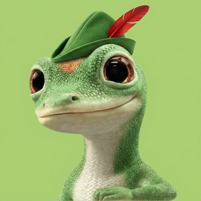 A close-up of a green gecko (Geico mascot-style) wearing a small green hat with a red feather, smiling against a light green background.