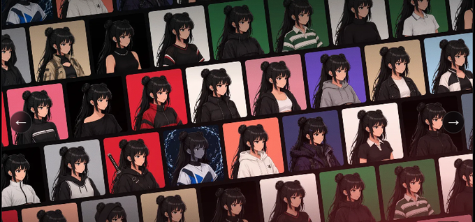 A grid of profile pictures featuring anime-style illustrations of a female character with black hair in twin buns, shown in various outfits and backgrounds.
