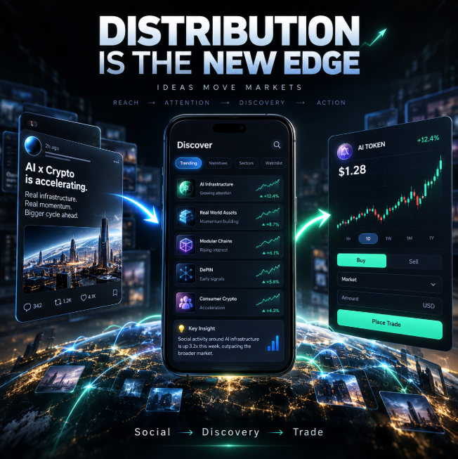 A futuristic digital promotional image titled "DISTRIBUTION IS THE NEW EDGE" showcases three smartphone screens illustrating a seamless crypto journey from social content ("AI x Crypto is accelerating") to a "Discover" feed featuring trending assets like AI Infrastructure (+12.4%) and Real World Assets (+8.7%), culminating in a live trading interface for "AI TOKEN" at $1.28 with a +12.4% gain. The visual reinforces the post's thesis by depicting how social media, asset discovery, and trading converge into a single frictionless flow—"Social → Discovery → Trade"—where apps like this capture both attention and transactions.