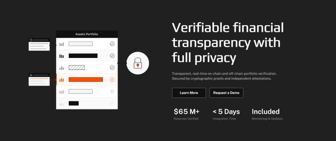 A website banner reading 'Verifiable financial transparency with full privacy' featuring an 'Assets Portfolio' interface graphic and stats like '$65 M+ Reserves Verified'.
