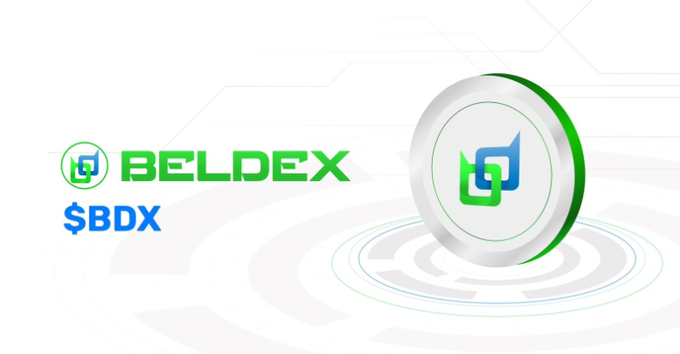 A promotional graphic for 'BELDEX' with the ticker '$BDX' features a silver coin-like emblem with a green and blue logo on a light, tech-themed background.