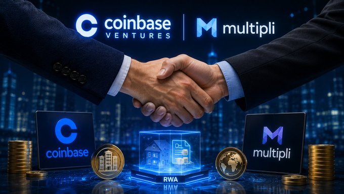 The image features a man shaking hands with another person while standing next to two computer monitors displaying logos for Coinbase and RWA protocol Multipli. The background of the image shows a city skyline, indicating that they are located in an urban setting. The text on the image reads "Coinbase Ventures M.RWA protocol Multipli has secured a strategic investment from Coinbase through its Base Ecosystem Fund".