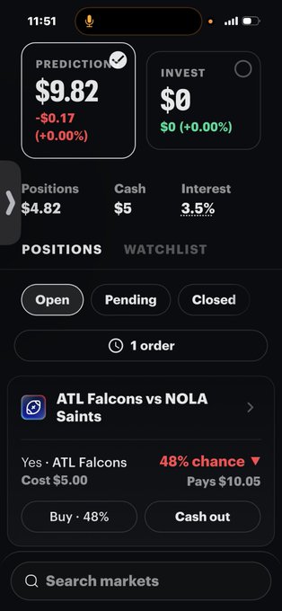 A prediction market app screen showing $9.82 PREDICTION balance, $0 INVEST, with an active position on 'ATL Falcons vs NOLA Saints' showing 48% chance at $5.00 cost paying $10.05.