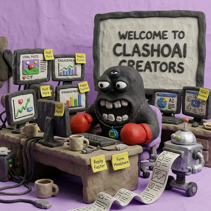 A claymation-style scene titled 'WELCOME TO CLASHOAI CREATORS' featuring a three-eyed gray character at a desk with multiple computer monitors displaying engagement metrics, with sticky notes reading 'Post More', 'Reply Faster', and 'Farm Mindshare'.