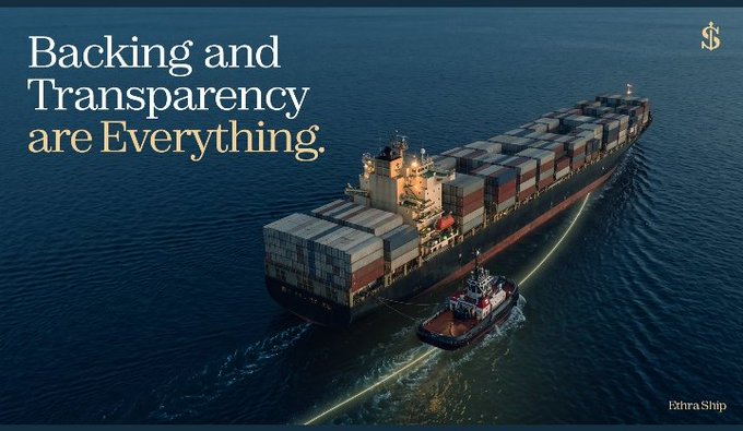 A sleek advertisement features an aerial view of a large container ship being assisted by a tugboat, with the tagline 'Backing and Transparency are Everything.' and the 'Extra Ship' logo.