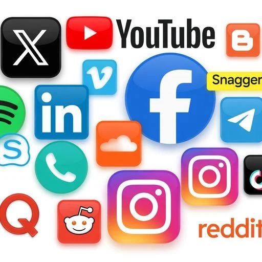 A collage of various popular social media and communication platform icons, including X, YouTube, Facebook, LinkedIn, Instagram, Spotify, Reddit, and Telegram.