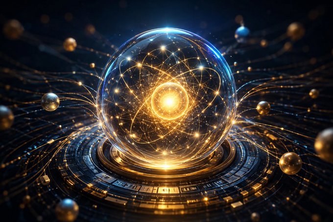 A digital illustration of a glowing golden orb surrounded by intricate, swirling energy lines and light particles against a dark background.