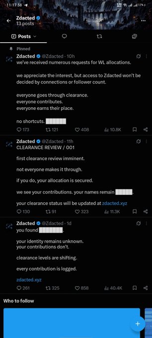 A Twitter/X feed from 'Zdacted' showing posts about whitelist allocations, clearance reviews, and contributions, with engagement metrics like 173, 121, 408, and 10.8K visible.