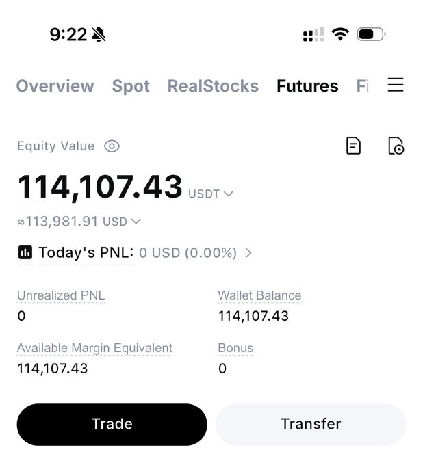 The image shows a trading app screenshot displaying a Futures account with an equity value of 114,107.43 USDT (≈$113,981.91 USD), with $0 unrealized PNL and 114,107.43 available margin—representing the starting balance for a 60-day challenge to grow the account to $1,000,000 primarily through BTC trading.