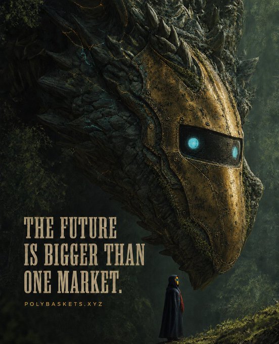 A dark cinematic promotional poster for polybaskets.xyz featuring a giant armored dragon-like mask with glowing blue eyes and the tagline 'THE FUTURE IS BIGGER THAN ONE MARKET.'
