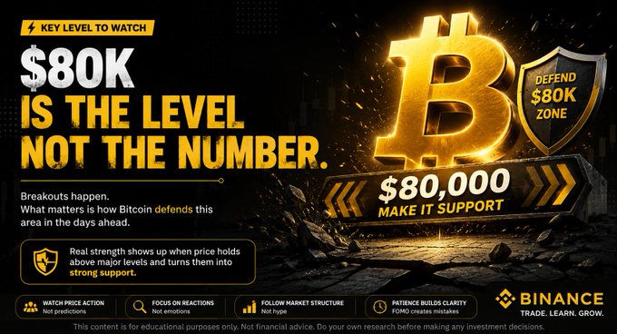 The image is a Binance promotional graphic highlighting $80,000 as a critical "defend" zone for Bitcoin, emphasizing that "$80K IS THE LEVEL NOT THE NUMBER" and urging traders to watch how BTC defends this support level rather than chasing breakout headlines.

The graphic visually reinforces the post's central message about focusing on market participation and structure around the $80K–$82K range, with Binance branding and trading principles ("Watch Price Action," "Focus on Reactions," "Follow Market Structure," "Patience Builds Clarity") supporting the cautious, analysis-driven approach described in the caption.