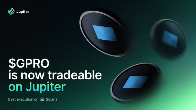 A Jupiter promotional graphic announces "$GPRO is now tradeable on Jupiter" with "Best execution on Solana," featuring the Jupiter logo and dark circular icons with blue center shapes against a dark green gradient background. The image visually supports the announcement of GoPro's $GPRO token being live for trading on Jupiter's Solana-based platform.
