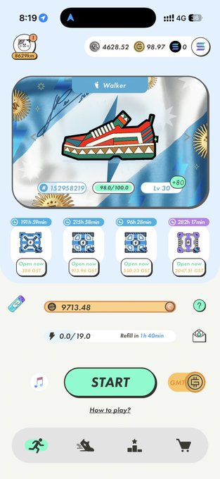 A mobile app game screen titled 'Walker' displaying a colorful sneaker NFT at Lv 30, with four blue mystery box crates available to open, energy at 9713.48, and a green START button.
