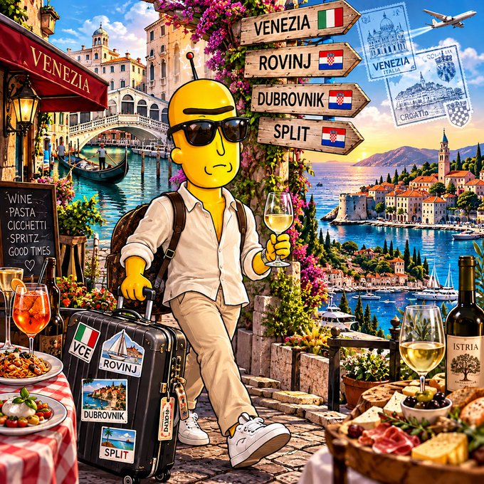 A Simpsons-style cartoon character with sunglasses holds a glass of wine while pulling a suitcase labeled with destinations including VENEZIA, ROVINJ, DUBROVNIK, and SPLIT, set against an Adriatic coastal backdrop with a menu listing Wine, Pasta, and Cicchetti.