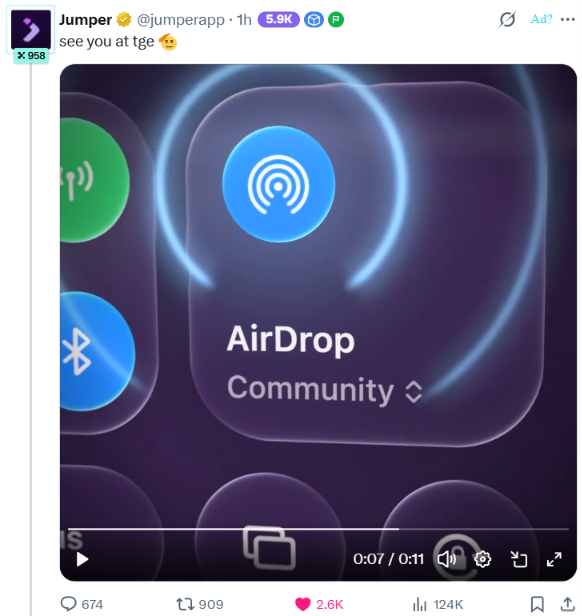 A tweet by @jumperapp with a video preview teasing "see you at tge," featuring an AirDrop Community graphic, which the accompanying post interprets as a potential airdrop hint relating Jumper XP tokenomics to the upcoming Token Generation Event.
