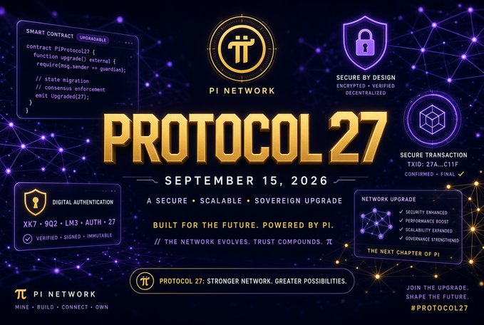 A promotional graphic for Pi Network announcing 'PROTOCOL 27' on September 15, 2026, featuring the Pi Network logo, smart contract code, security icons, and the hashtags #PROTOCOL27 and #π.