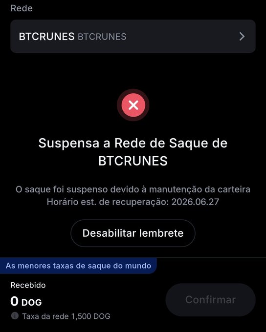 A withdrawal screen for the BTCRUNES network displays a suspension notice in Portuguese stating "Suspensa a Rede de Saque de BTCRUNES" with an estimated recovery date of 2026.06.27, showing a pending $DOG withdrawal subject to a 1,500 DOG network fee. The image illustrates the post's concern by providing visual evidence of the BTCRUNES network maintenance delay that has frozen DOG token withdrawals.