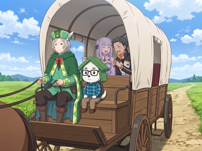 An anime-style scene depicts four characters—a hooded figure with gray hair, a purple-haired girl, a black-haired boy in a Nats jersey, and a dog wearing a plaid shirt and glasses—riding in a horse-drawn covered wagon through a grassy countryside.