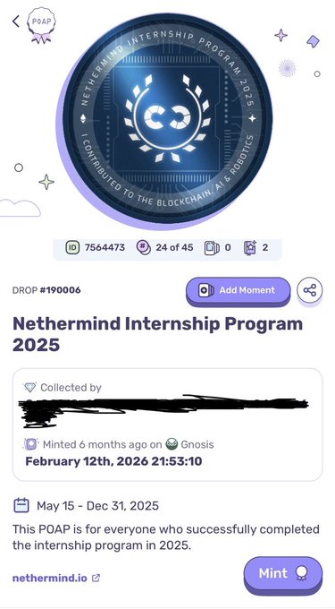 A POAP (Proof of Attendance Protocol) digital collectible for the 'Nethermind Internship Program 2025', showing a blue and silver chip-style design with the text 'Contributed to the Blockchain, AI & Robotics' and drop number #190006.