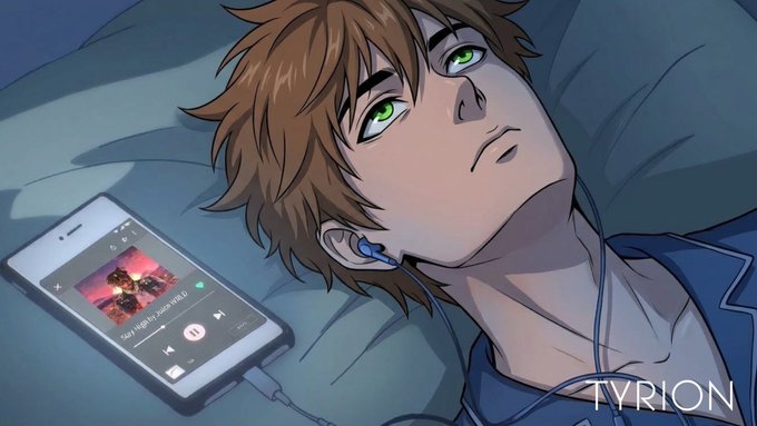 An anime-style illustration of a brown-haired character with green eyes lying in bed listening to music on a smartphone, with 'TYRION' in the bottom right corner.
