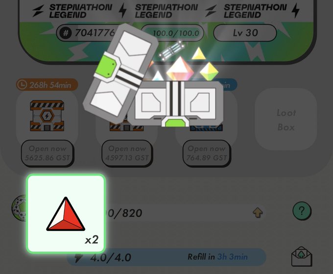 A gaming app screen titled 'STEPMATHON LEGEND' at Lv 30, showing loot boxes available to open for GST and a x2 multiplier item.