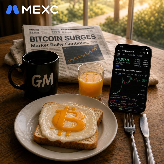 A promotional image branded with the MEXC logo showing a breakfast scene with toast bearing a Bitcoin symbol, a 'GM' mug, orange juice, a newspaper headline reading 'BITCOIN SURGES - Market Rally Continues,' and a phone displaying BTC/USDT trading charts at 69,517.8.