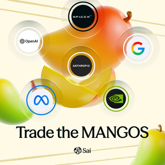 A promotional graphic featuring a mango background with logos of SpaceX, OpenAI, Google, Anthropic, Meta, and Nvidia, with the text 'Trade the MANGOS' and a 'Sai' logo.