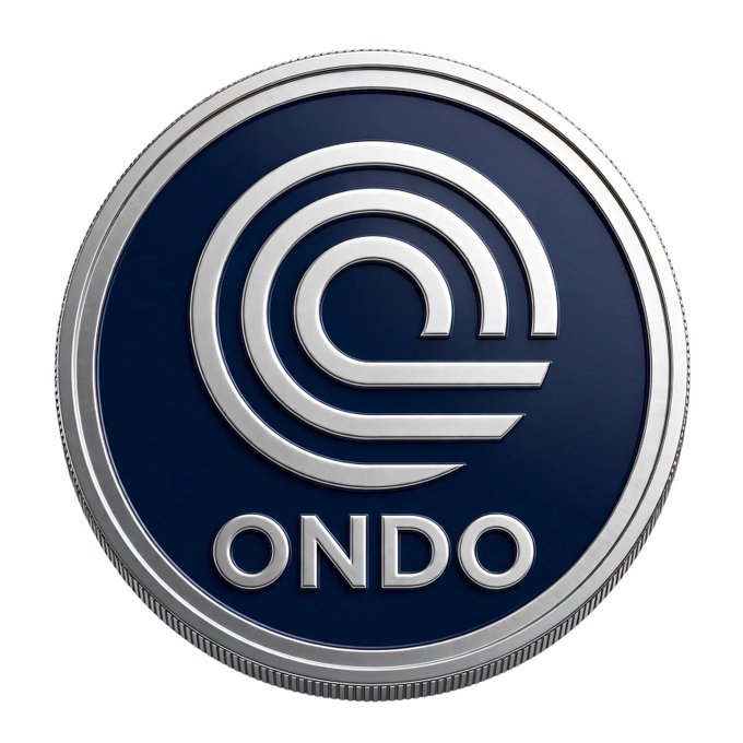 A digital rendering of a silver-rimmed coin featuring a stylized 'e' logo and the text 'ONDO' on a dark blue background.