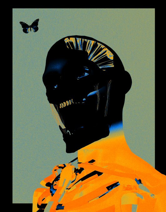 A stylized digital artwork depicting a dark silhouetted figure with a skull-like face against a green background, featuring a blue butterfly and bright orange geometric elements on the chest area.