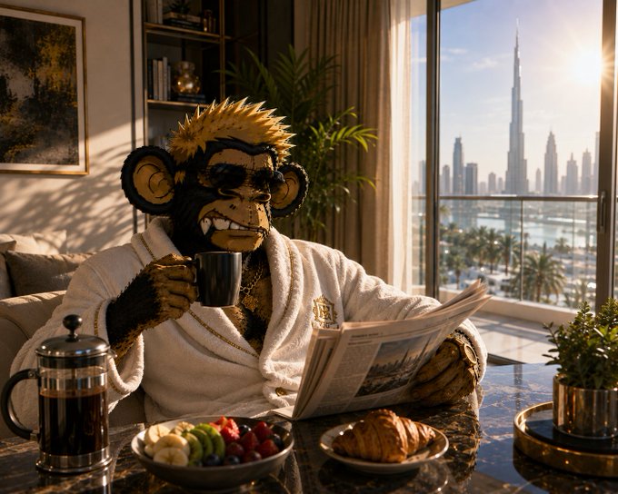 A stylized image of a monkey wearing a white bathrobe sitting at a breakfast table with coffee, fruit, and a croissant, reading a newspaper with the Dubai skyline, including the Burj Khalifa, visible through the window.