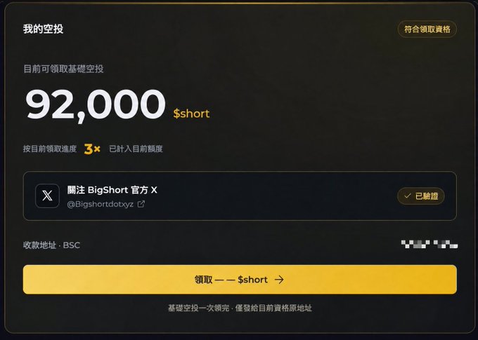 A dark-themed webpage in Chinese showing an airdrop claim for '92,000 $short' tokens, requiring following 'BigShort' on X (verified), with a yellow '领取 --- $short' claim button.