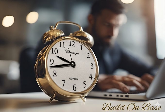 A vintage gold alarm clock sits in the foreground with the text "Chronique Quartz" on its face, while a blurred developer works on a laptop in the background, symbolizing how @base's modular smart contract architecture helps engineers save time and accelerate development.