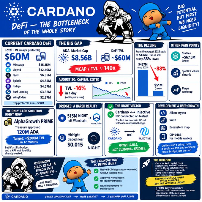 Cardano infographic titled 'DeFi - The Bottleneck of the Whole Story' detailing Total TVL of $60M, ADA Market Cap of $8.56B, MCAP/TVL of ~140x, and AlphaGrowth PRIME treasury plans.