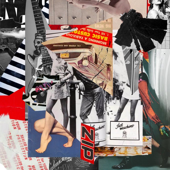 A chaotic collage artwork incorporating torn magazine clippings, a guitar, striped patterns, photographs of women, a peacock, and a 'ZIP' advertisement.