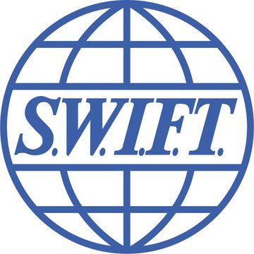 The image features a logo for SWIFT, which is an international bank headquartered in Brussels, Belgium. The logo consists of a blue circle with a white border, containing the letters "S" and "WIFI" written inside. Below this logo, there's a statement that reads, "SWIFT will never use XRP!". This message emphasizes the bank's commitment to maintaining its independence from cryptocurrencies like Bitcoin.