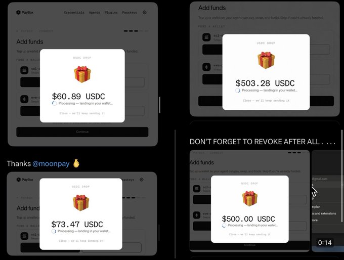 The image shows a series of screenshots displaying USDC airdrop notifications from the PayBox wallet interface, with users receiving varying amounts including $60.89, $73.47, $500.00, and $503.28 USDC, all marked as "Processing — landing in your wallet..." with a status that "we'll keep sending it" and a thank you message to @moonpay.