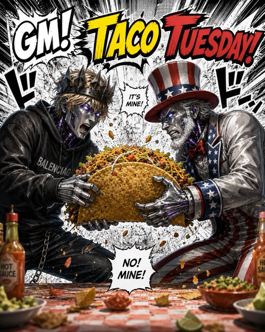 A comic-style illustration titled 'GM! TACO TUESDAY!' showing two stylized characters with glowing purple eyes fighting over a giant taco; one wears a black Balenciaga hoodie and spiked crown, the other wears an Uncle Sam outfit, both shouting 'IT'S MINE!' and 'NO! MINE!'.