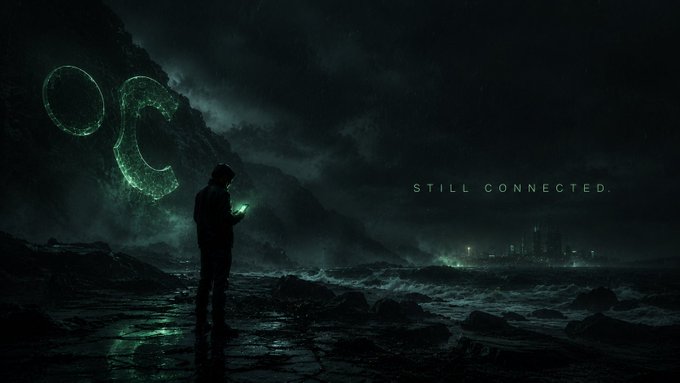 The image shows a man standing on a rocky shoreline holding a phone with a green glow coming from it. The background features a dark sky filled with clouds and a large green glowing object that reads "Offchain Recap". The text also mentions Offchain's feature of sending money via SMS, which is relevant to the post about Offchain being 45 days old.