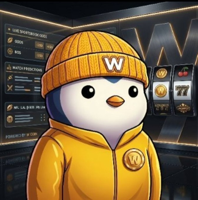A cartoon penguin mascot wearing a yellow jacket and a 'W' beanie stands in front of digital displays showing sports betting odds and a 'W COIN' logo.